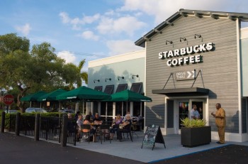 Outdoor seating area at new Starbucks location in Lauderhill Florida.