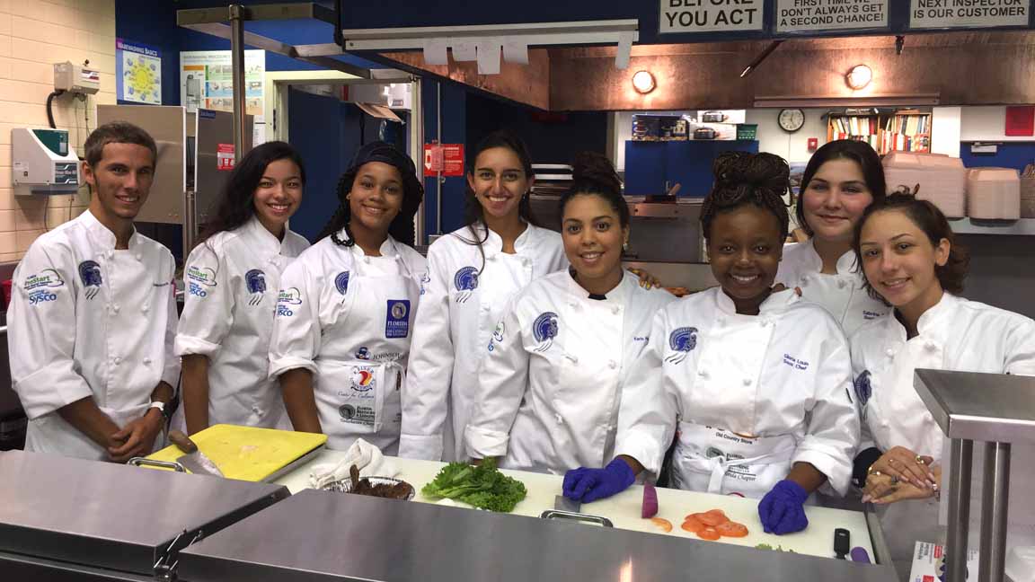 JP Taravella culinary students selected to spend a week studying in France. Left to right: Sean Woodcock, Nicole Rivera, Ariel Grecia, Katherine Cohen, Karla Montolio, Gloria Louis, Sabrina Diaz and Dharimar Vasquez
