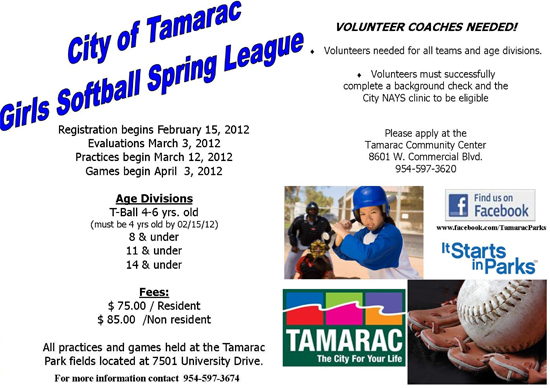 Girls Softball Spring League Registration begins Feb 15 1