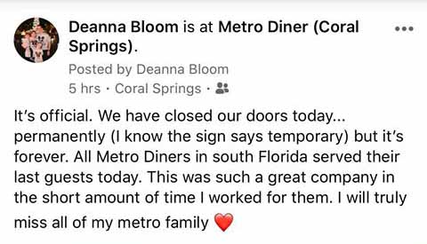 South Florida Metro Diner Restaurants to Close Permanently Due to Coronavirus Shutdown 1